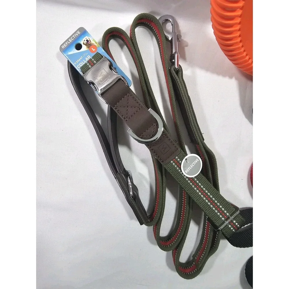 7 Piece Dog Lot Small/Large Breed Size 2 Leashes 3 Collars(1 New) Bag Holder Toy